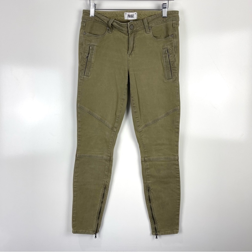 PAIGE Denim Marley Moto Skinny Jeans Zipper Ankle Fatigue Green Women's Size 29